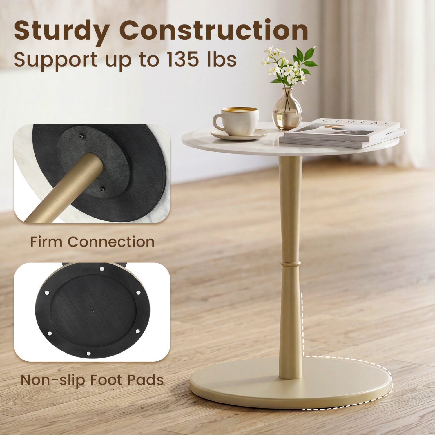 Round Marble Side Table with Stone Finish and Wooden Base for Small Spaces-White and Gold