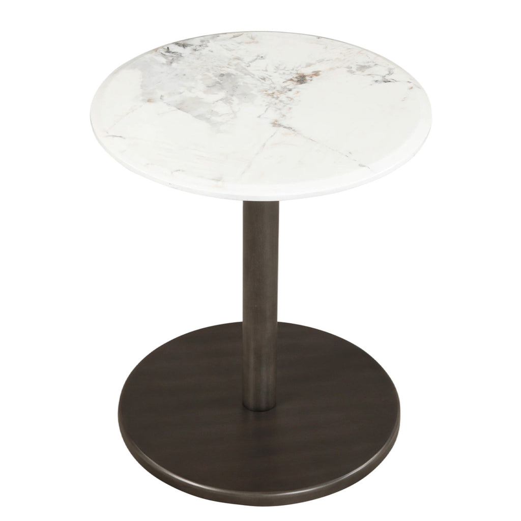 Round Marble Side Table Pedestal End Table with Stone Finish and Wooden-Black & White