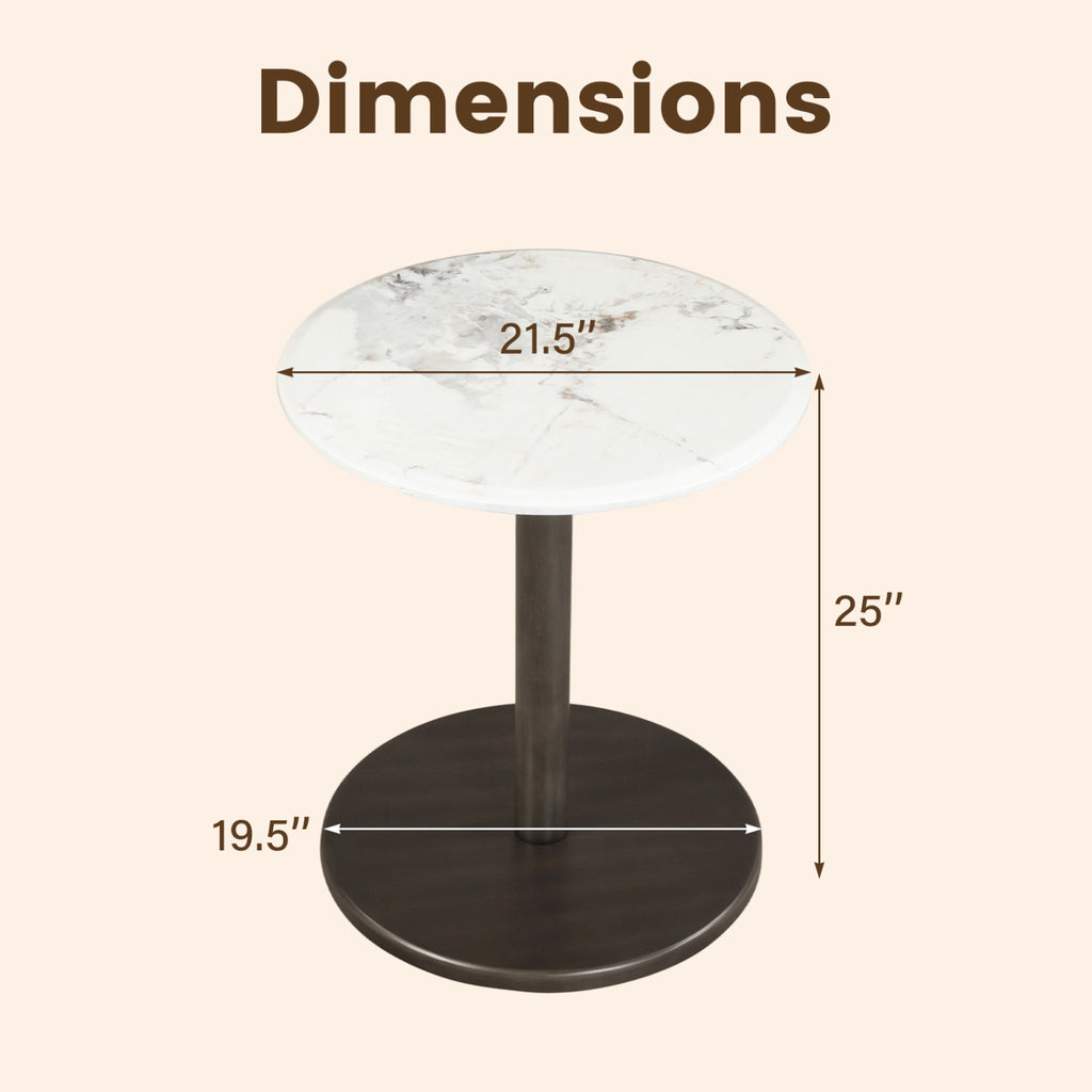Round Marble Side Table Pedestal End Table with Stone Finish and Wooden-Black & White