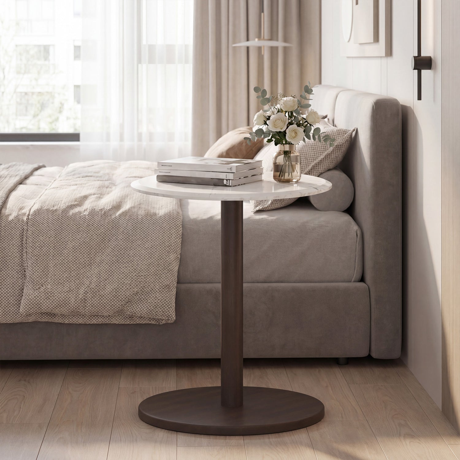 Round Marble Side Table Pedestal End Table with Stone Finish and Wooden-Black & White
