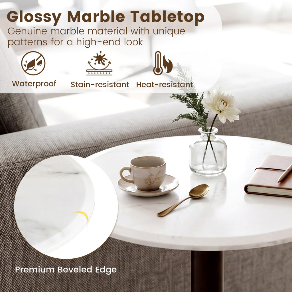 Round Marble Side Table Pedestal End Table with Stone Finish and Wooden-Black & White
