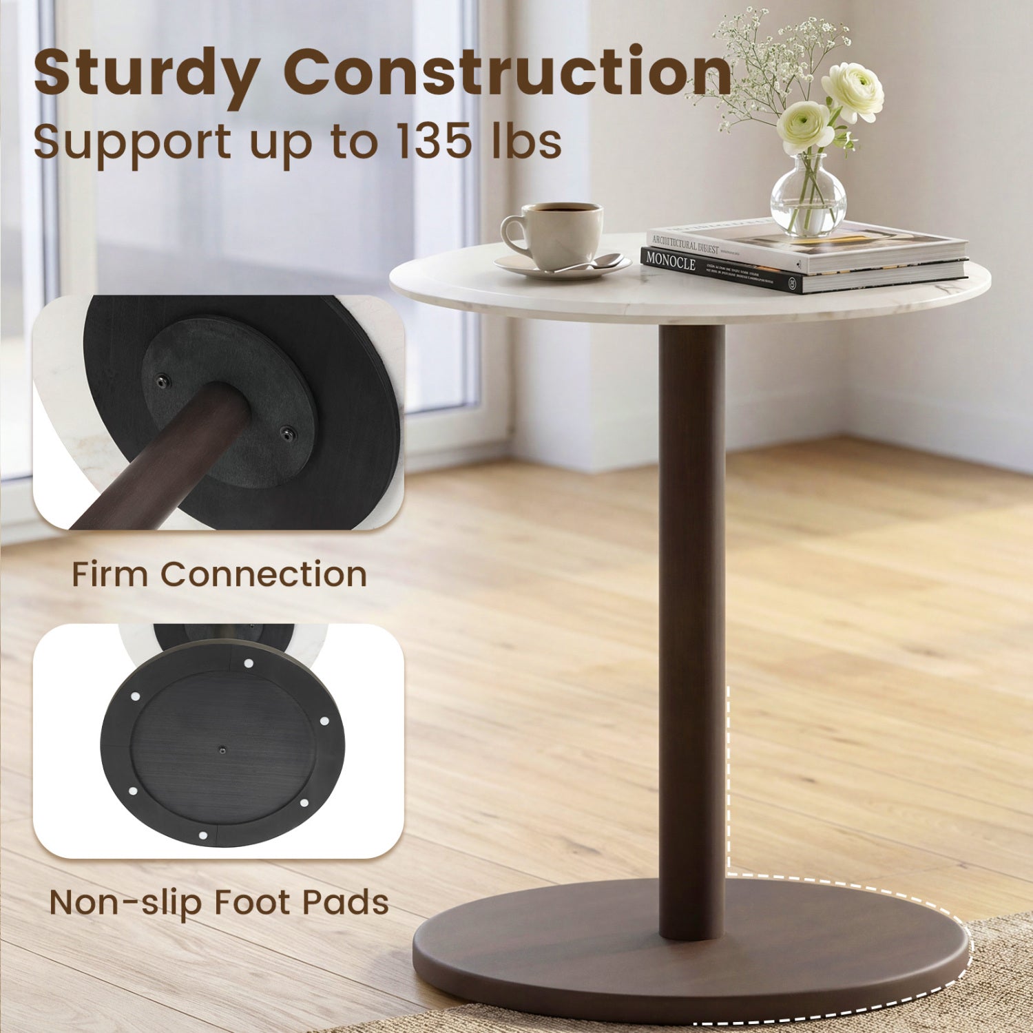 Round Marble Side Table Pedestal End Table with Stone Finish and Wooden-Black & White