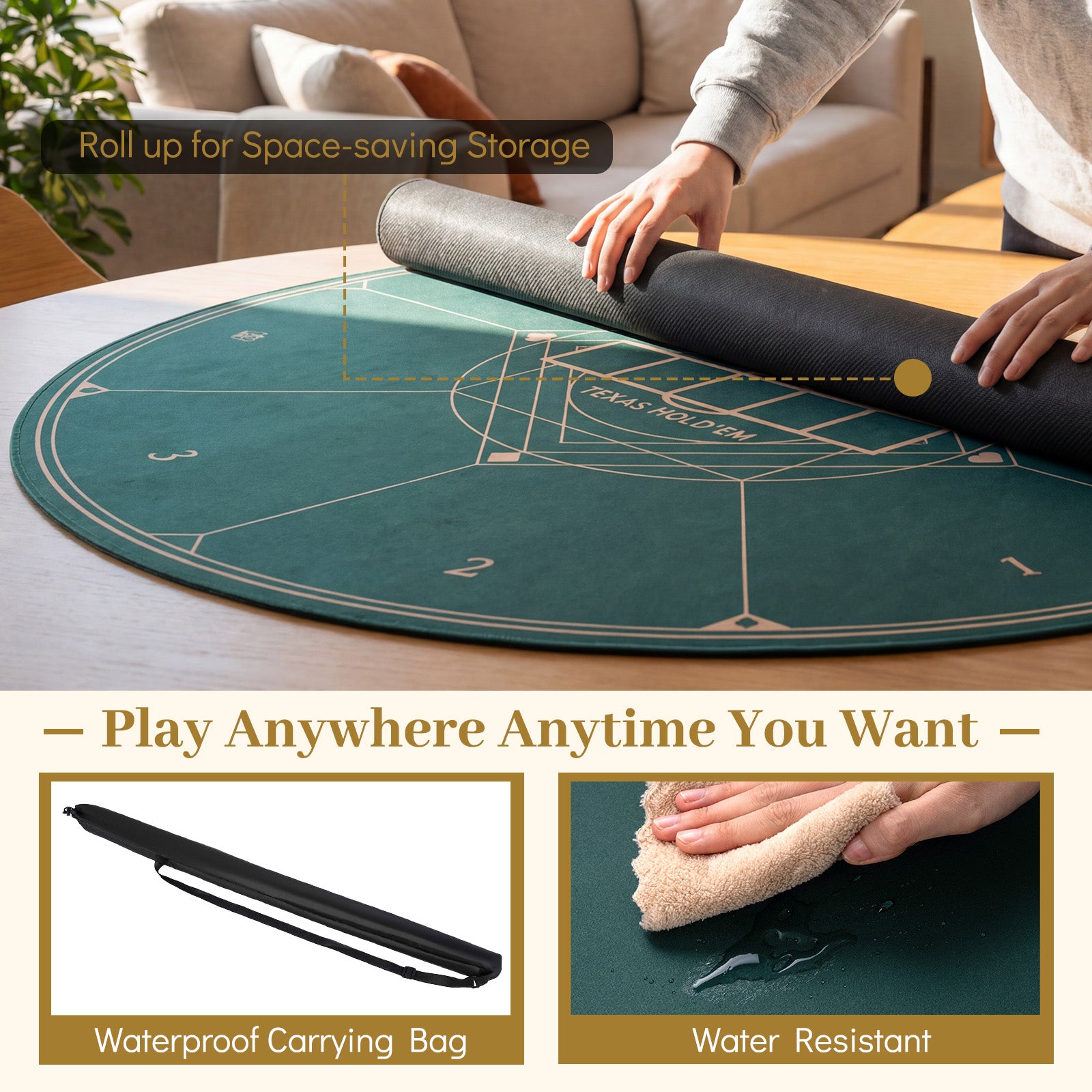 Round Poker Mat for Texas Hold'em 47" with Carrying Bag for 8-Player-Green