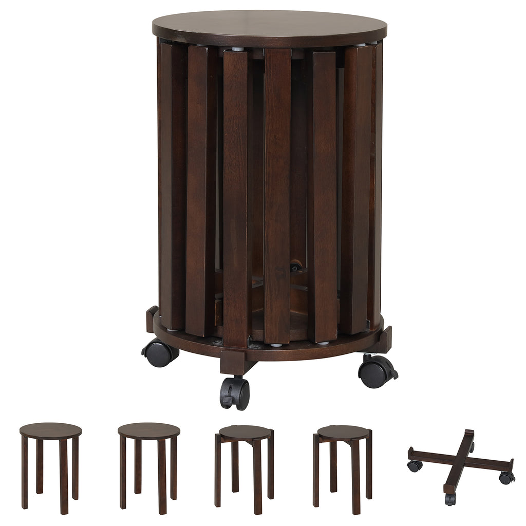 Round Portable Wood Nesting Stools with Locking Casters-Walnut