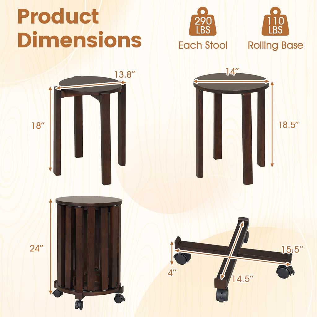 Round Portable Wood Nesting Stools with Locking Casters-Walnut