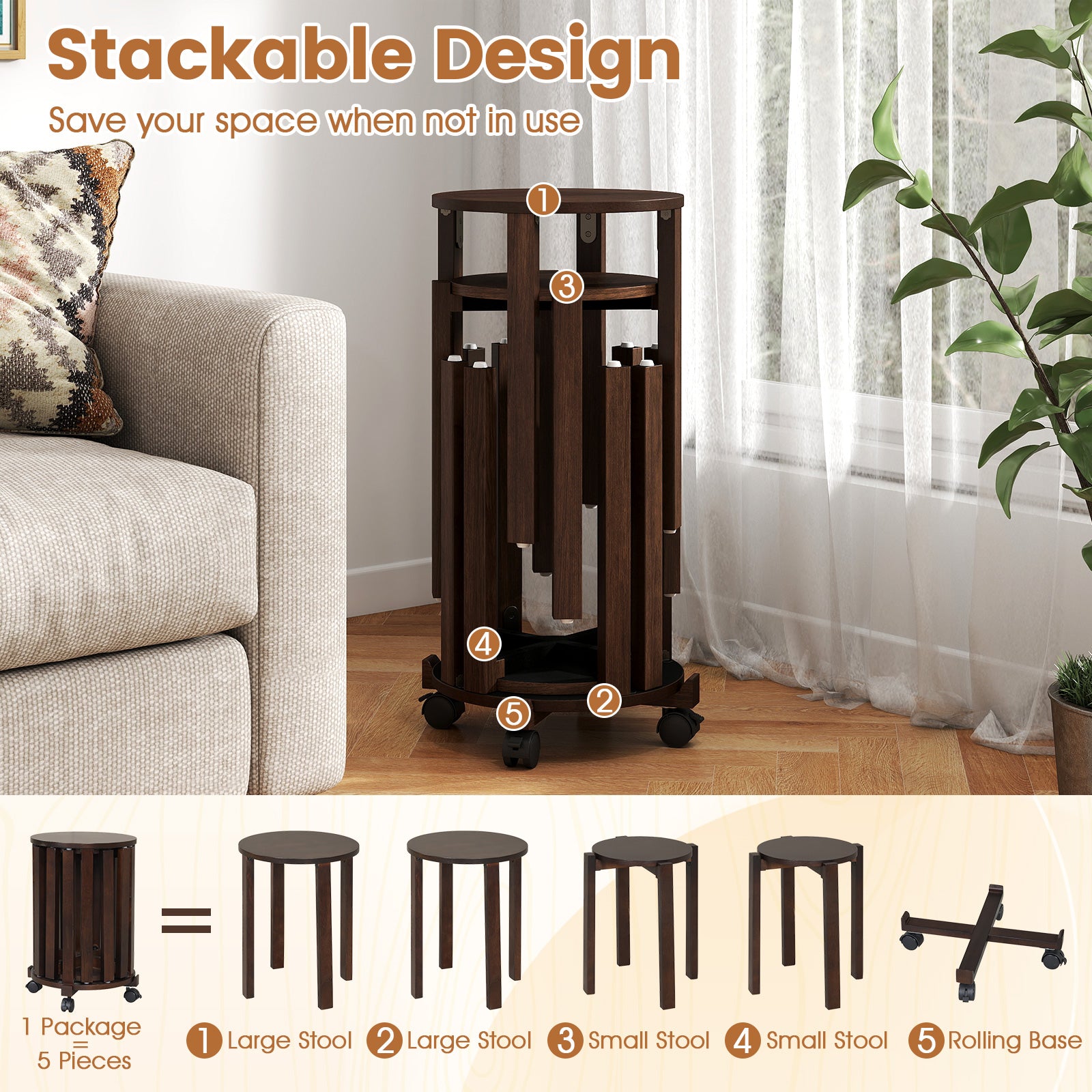Round Portable Wood Nesting Stools with Locking Casters-Walnut