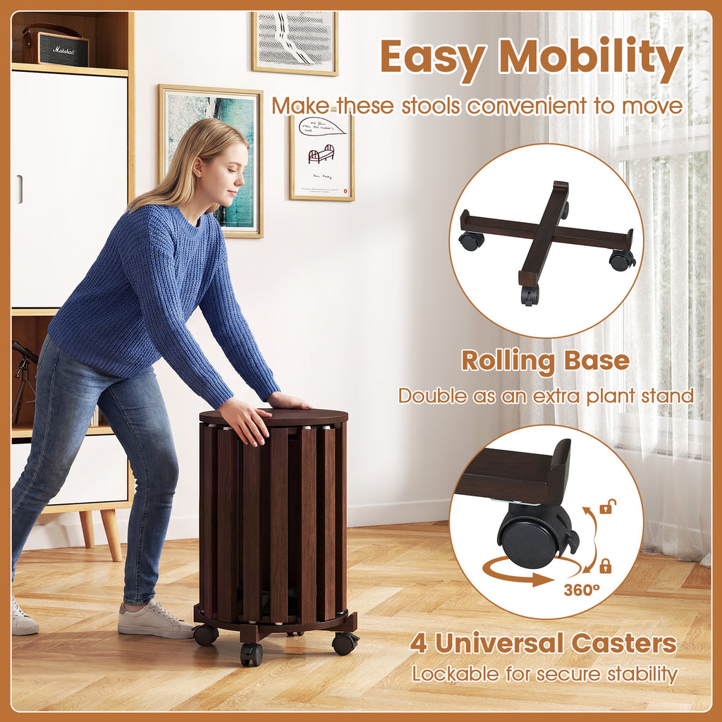 Round Portable Wood Nesting Stools with Locking Casters-Walnut