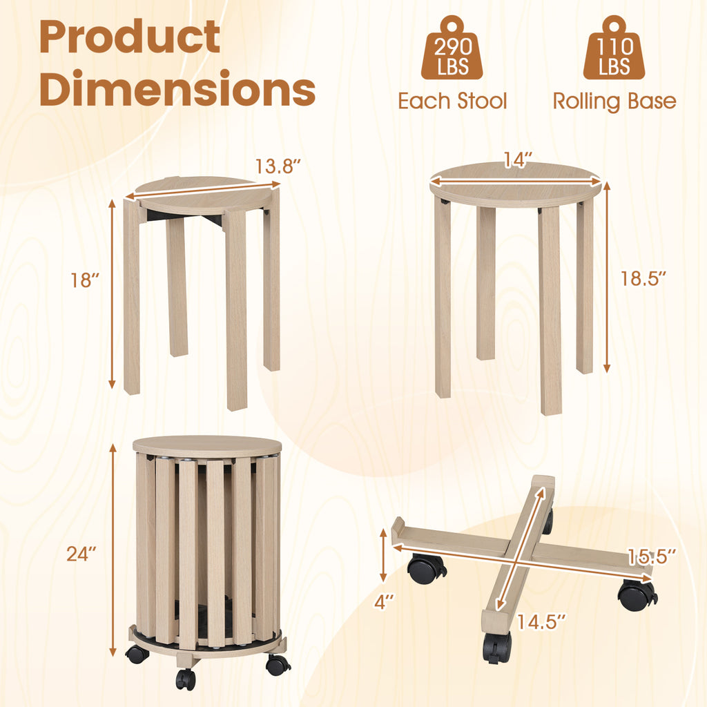 Round Portable Wood Nesting Stools with Locking Casters-Natural