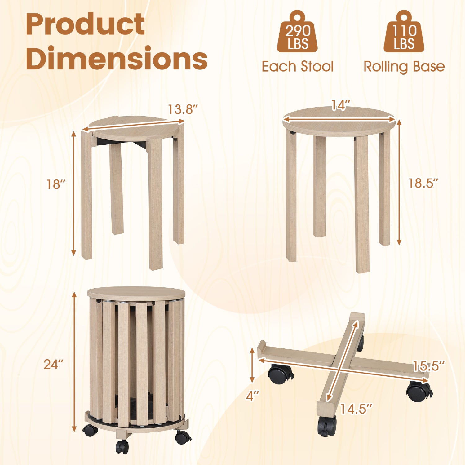 Round Portable Wood Nesting Stools with Locking Casters-Natural