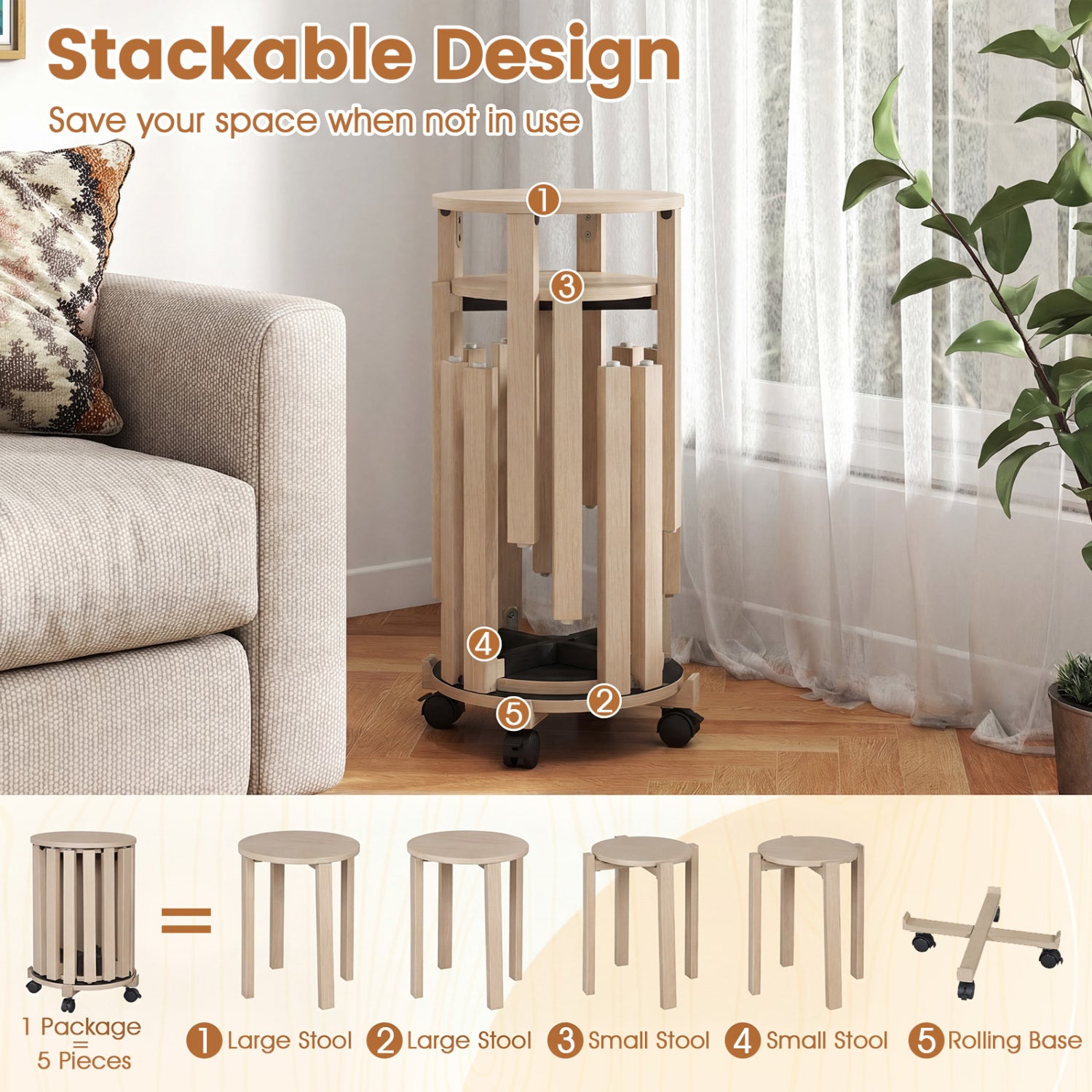 Round Portable Wood Nesting Stools with Locking Casters-Natural