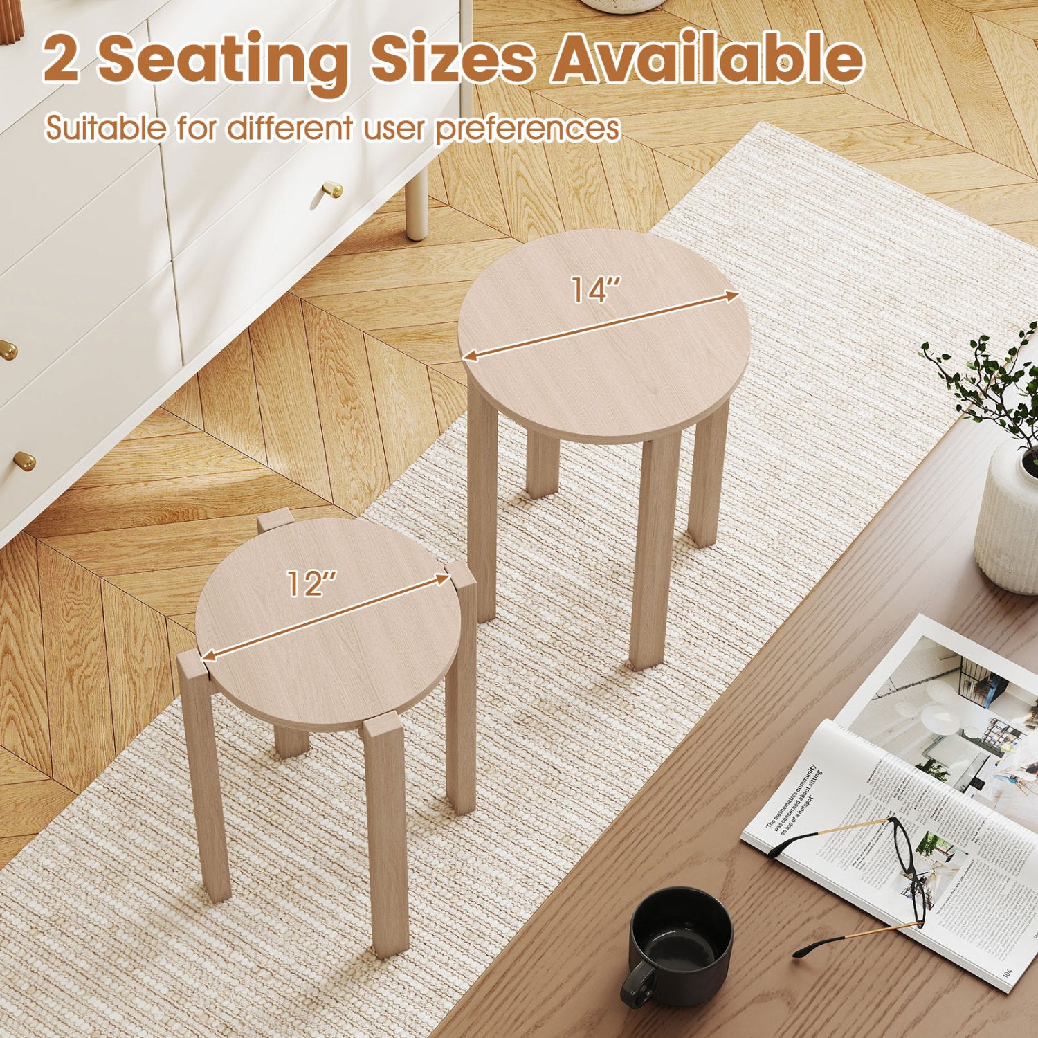 Round Portable Wood Nesting Stools with Locking Casters-Natural