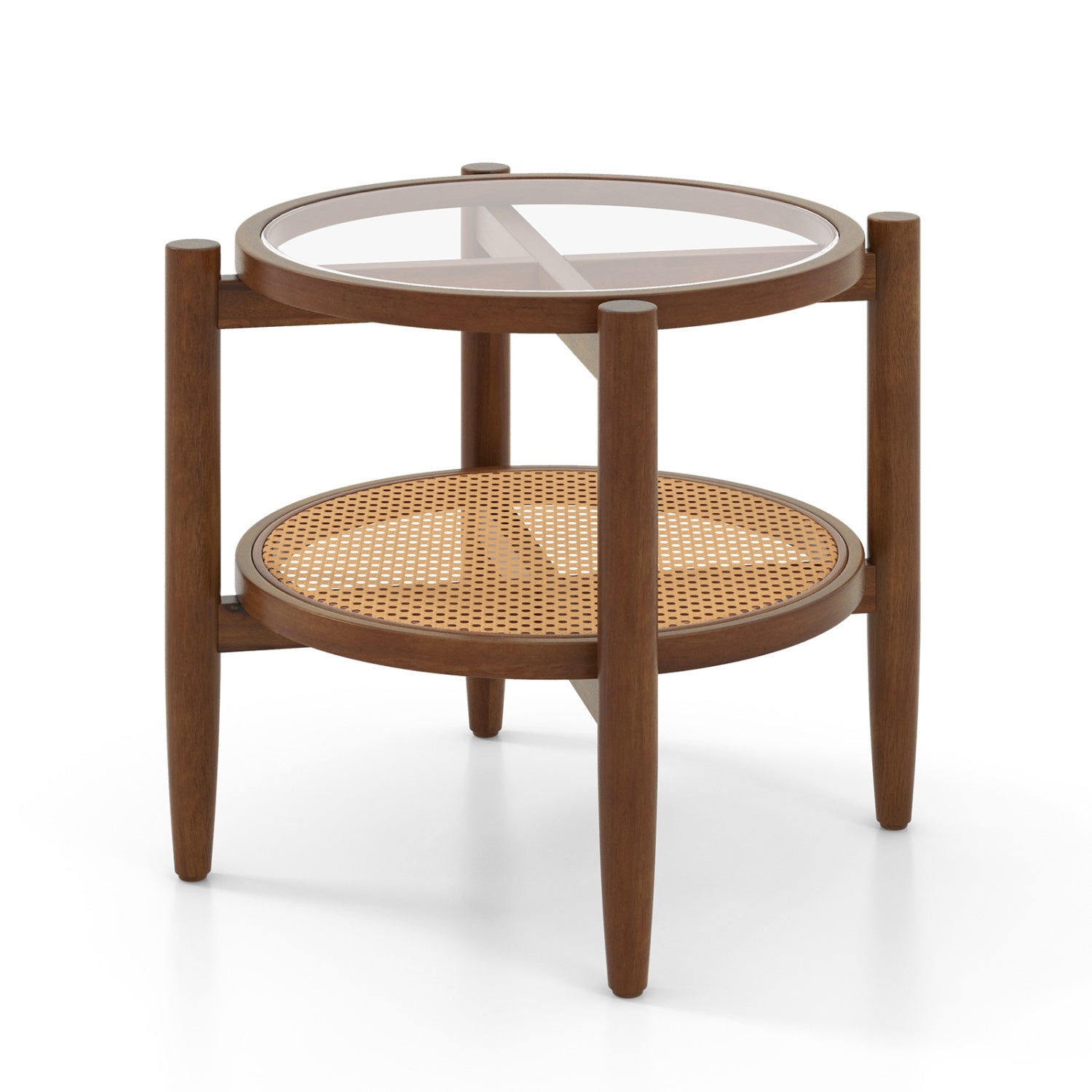 Round Rattan Side End Table with Tempered Glass Tabletop-Walnut