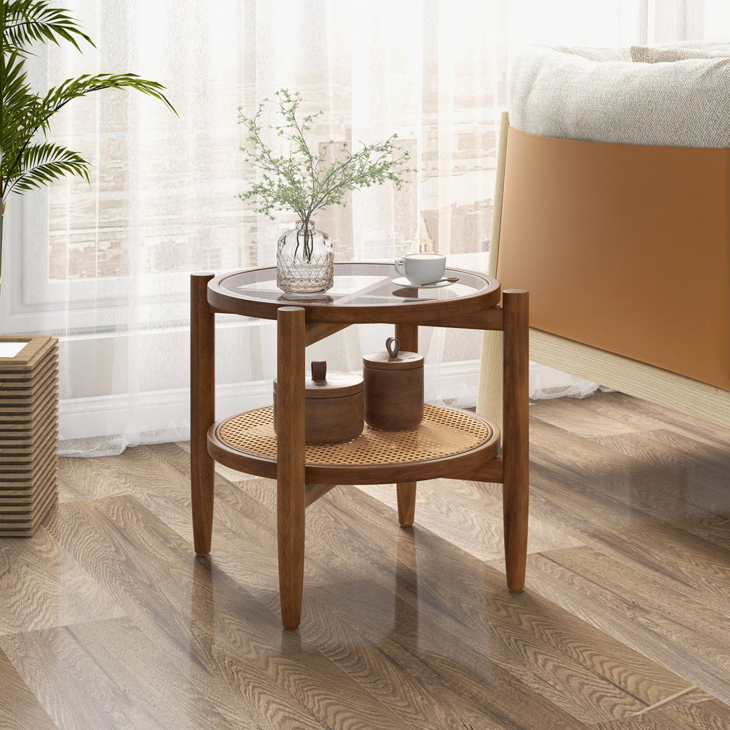 Round Rattan Side End Table with Tempered Glass Tabletop-Walnut