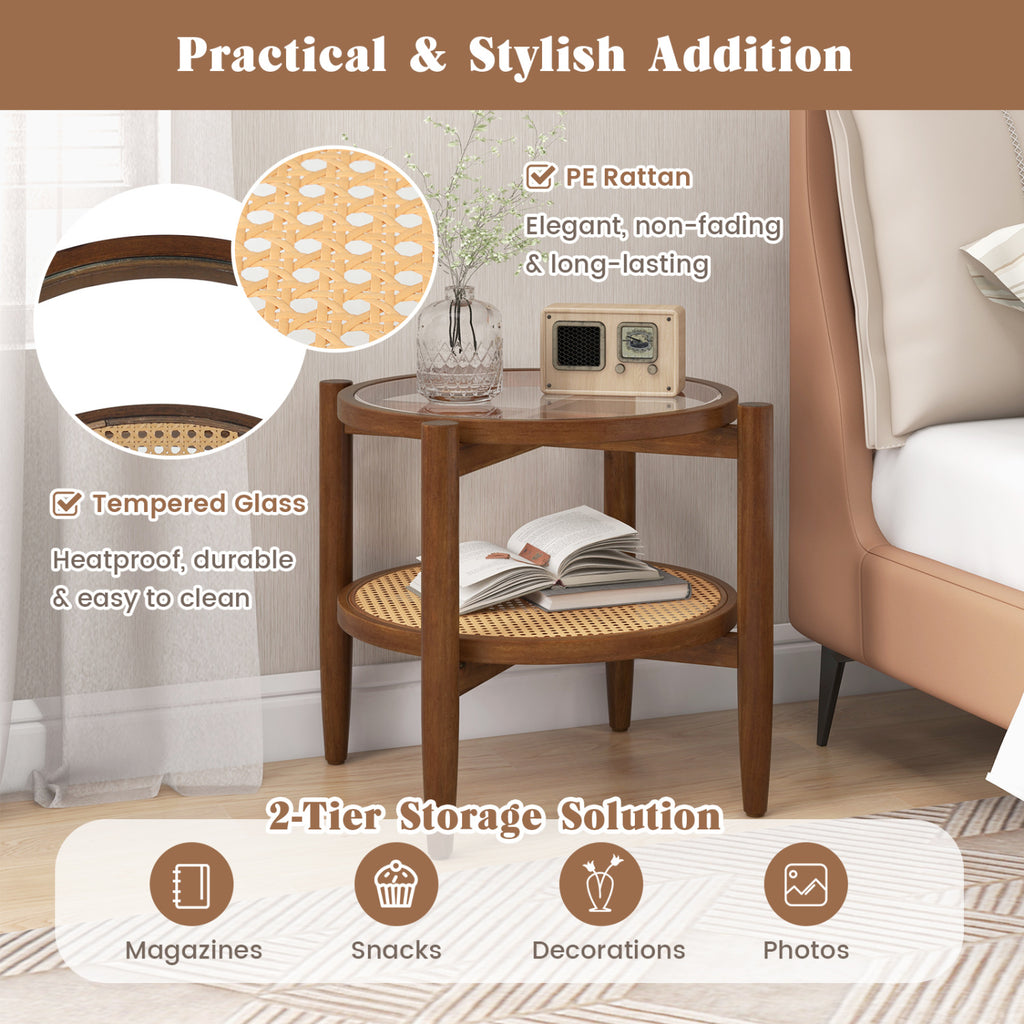 Round Rattan Side End Table with Tempered Glass Tabletop-Walnut
