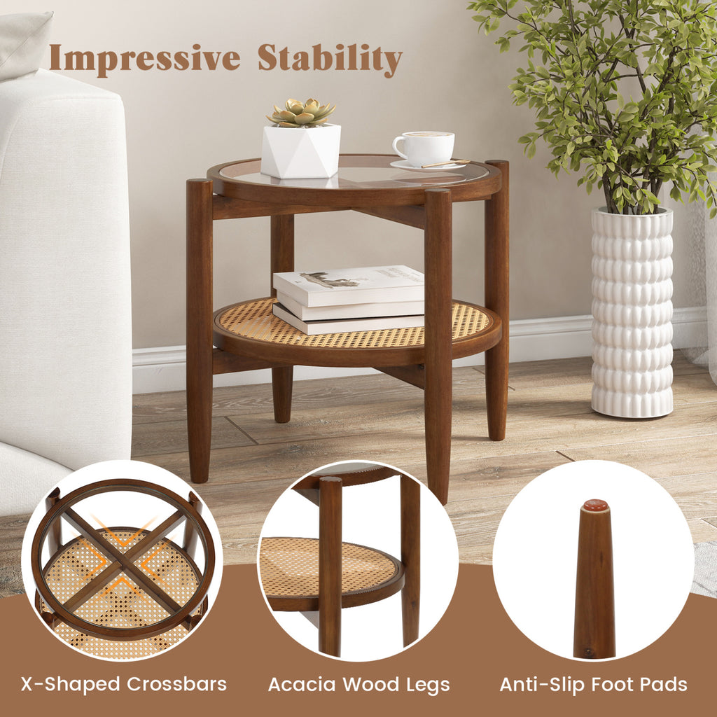 Round Rattan Side End Table with Tempered Glass Tabletop-Walnut
