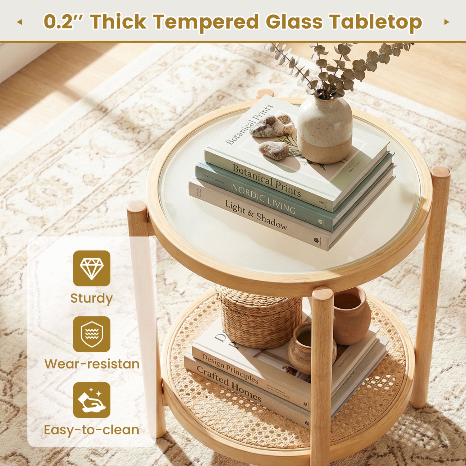 Round Side Table 2-Tier Boho End Table with Tempered Glass Top-Natural