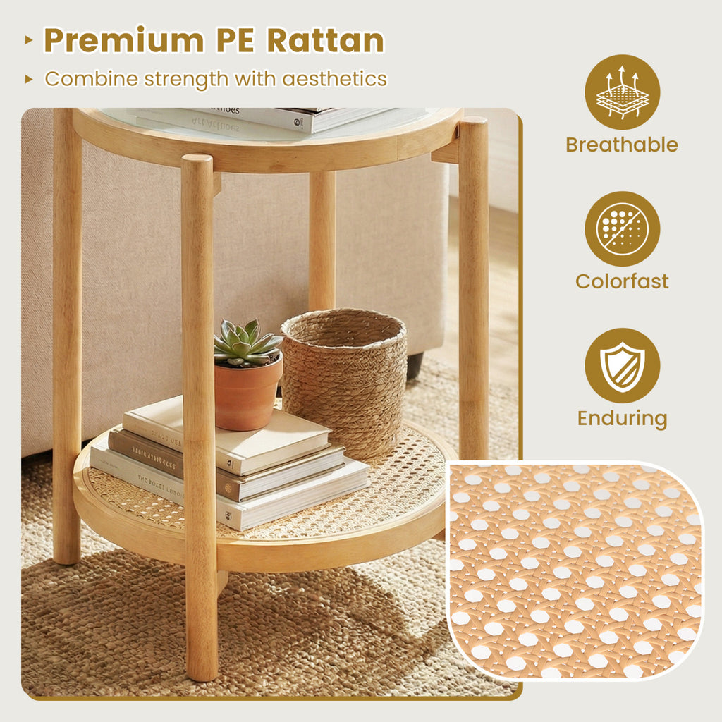 Round Side Table 2-Tier Boho End Table with Tempered Glass Top-Natural