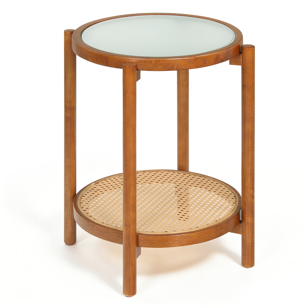 Round Side Table 2-Tier Boho End Table with Tempered Glass Top-Walnut