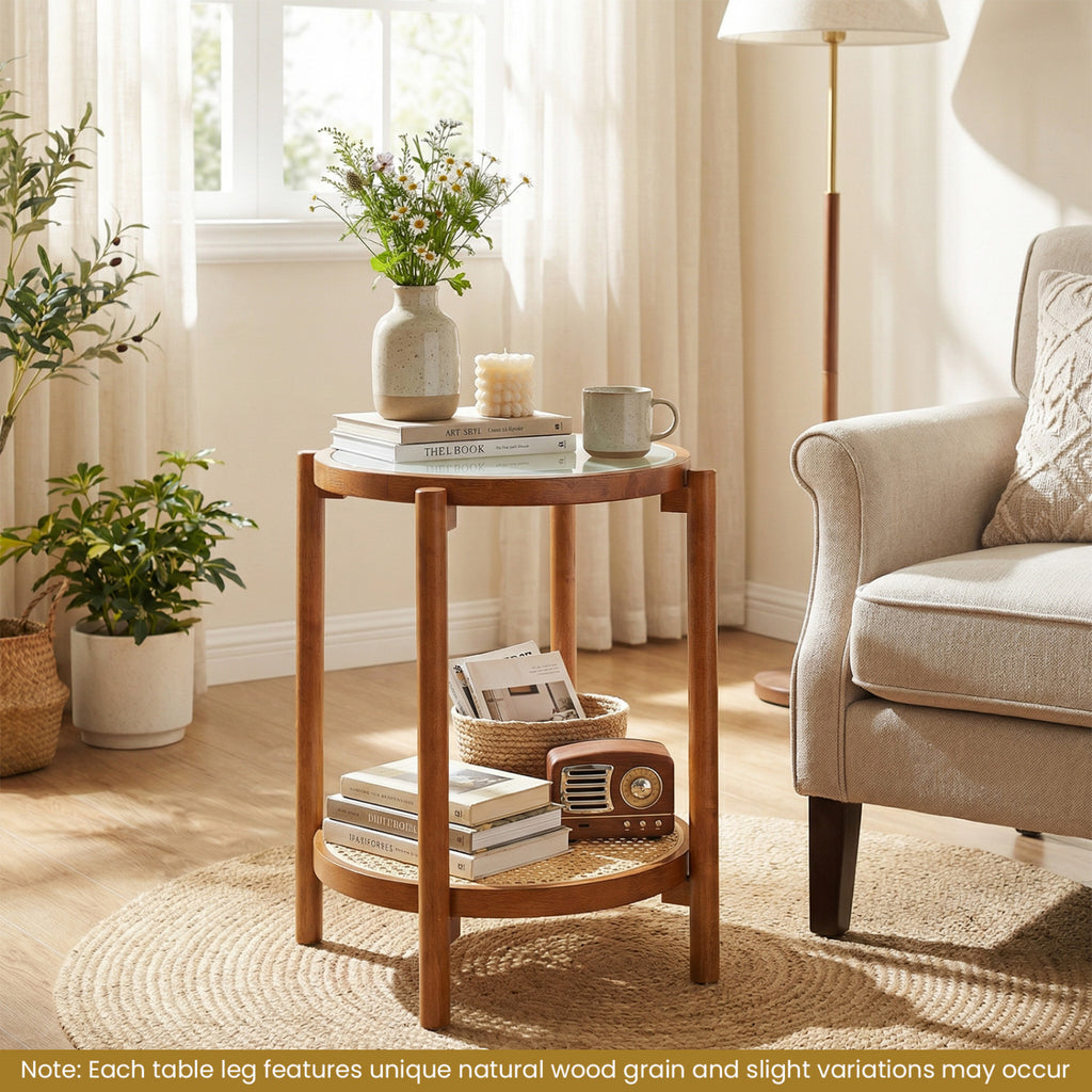 Round Side Table 2-Tier Boho End Table with Tempered Glass Top-Walnut