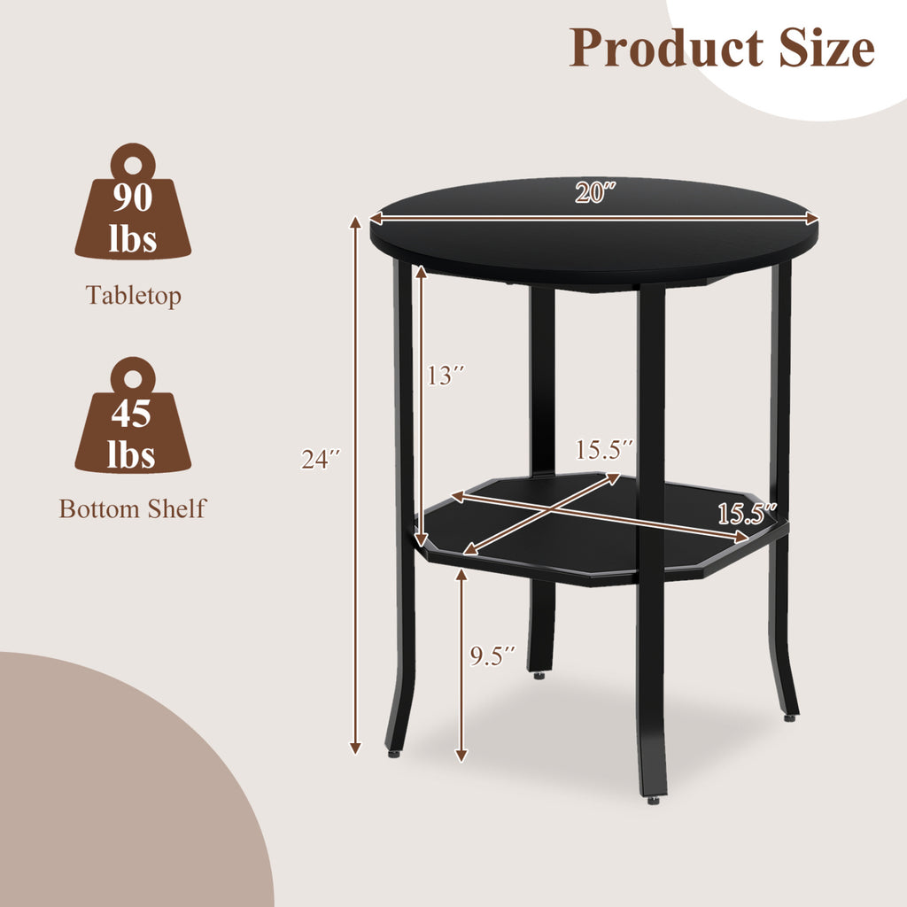 Round Side Table Small End Table with Storage Shelf 2-Tier Nightstand for Small Space-Black