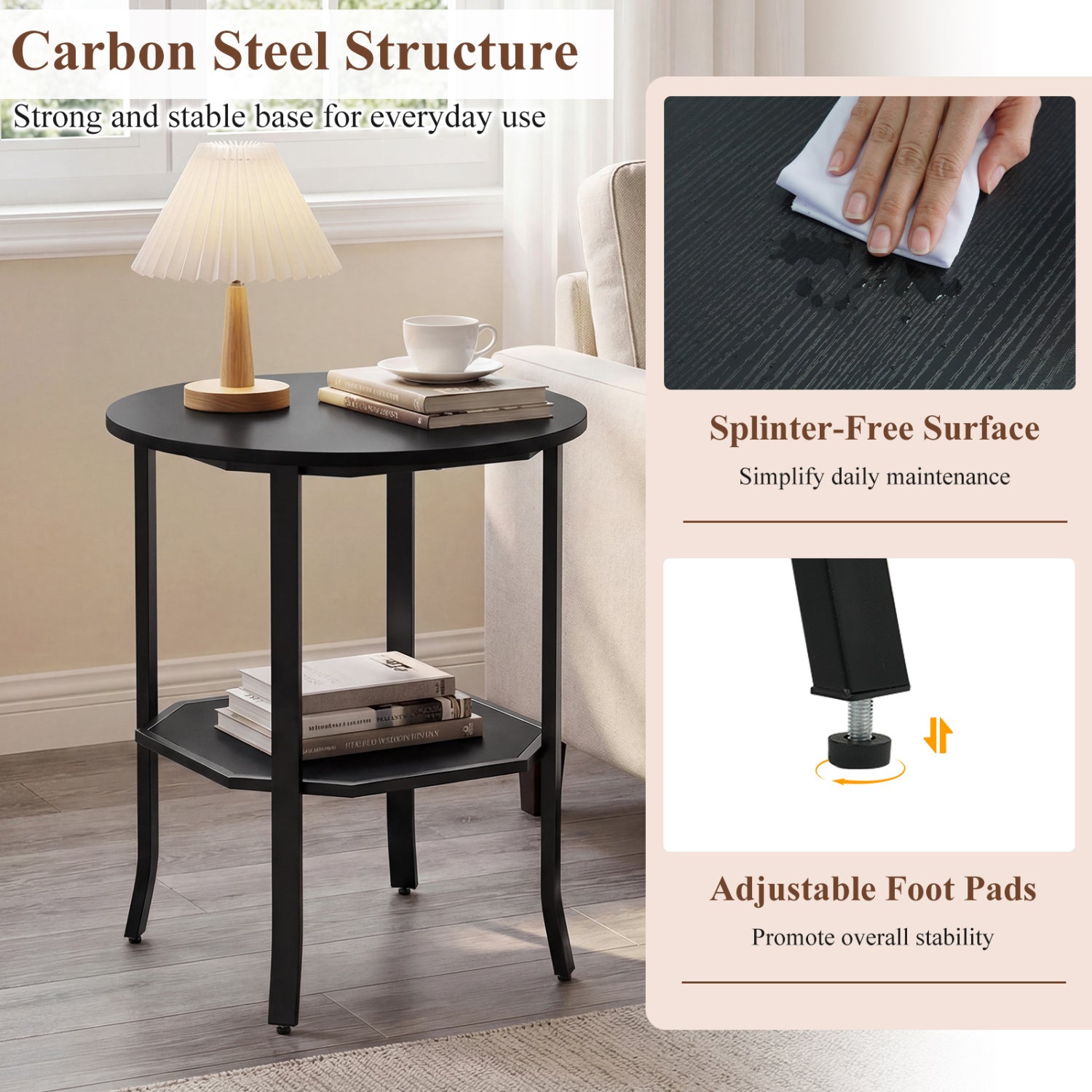 Round Side Table Small End Table with Storage Shelf 2-Tier Nightstand for Small Space-Black