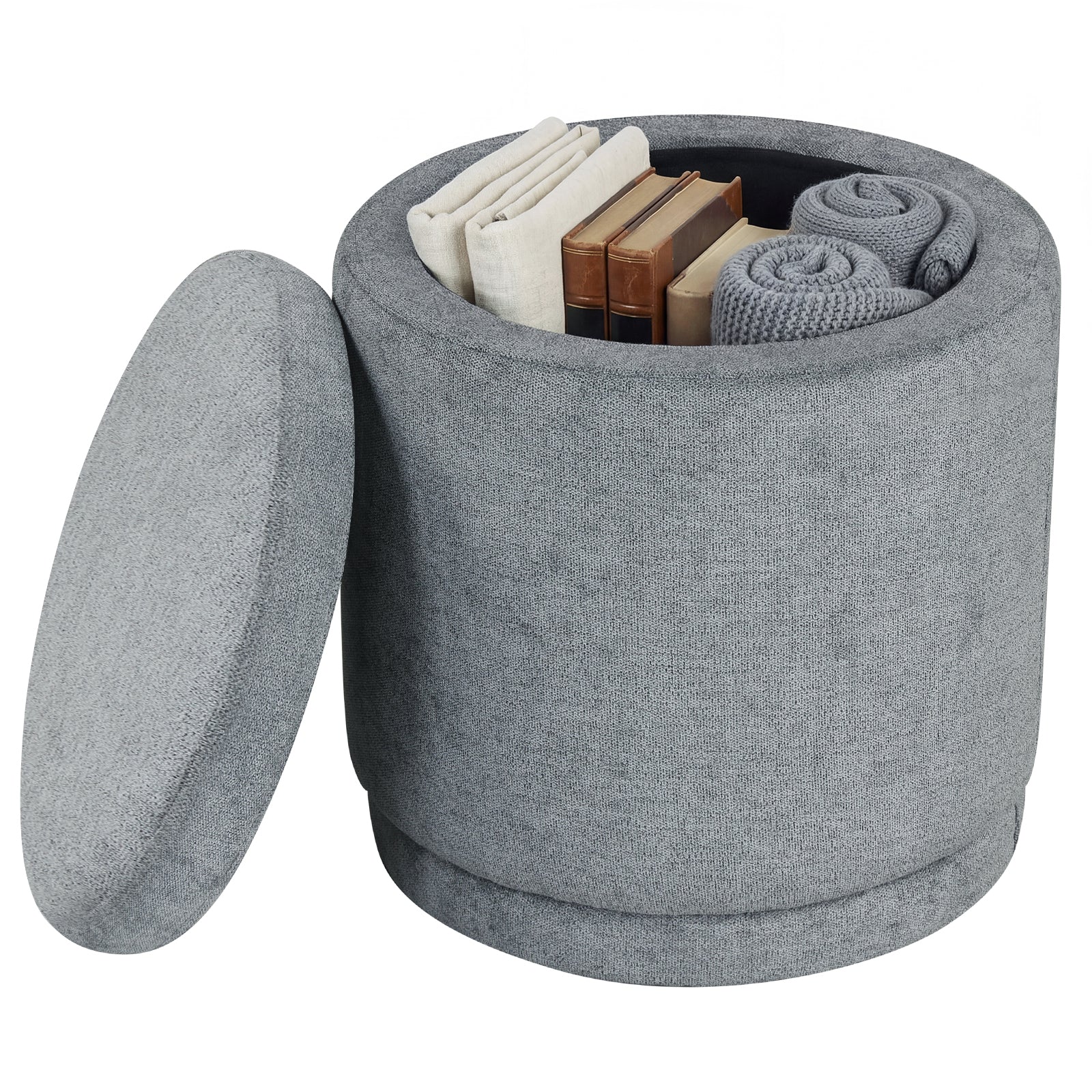 Round Storage Ottoman Foot Rest with Removable Lid and Acacia Wood Frame-Gray