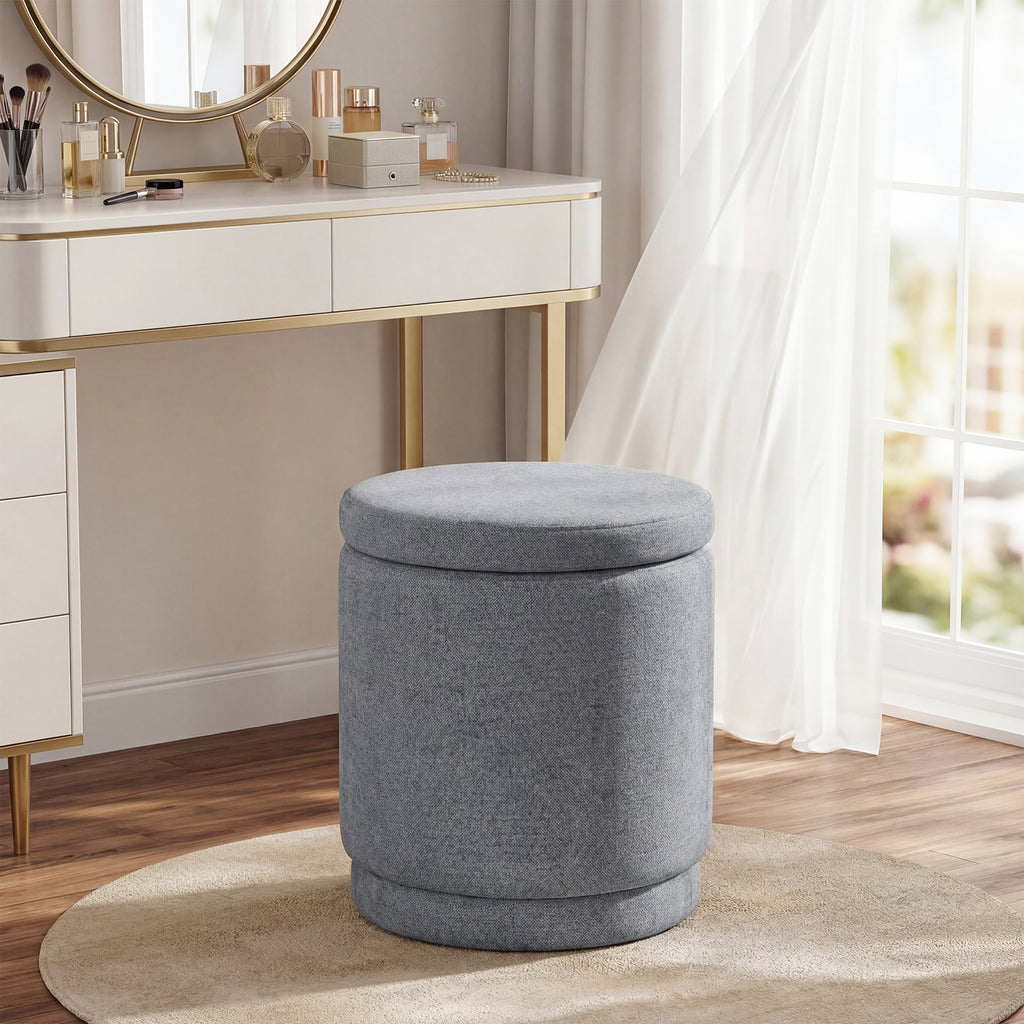 Round Storage Ottoman Foot Rest with Removable Lid and Acacia Wood Frame-Gray
