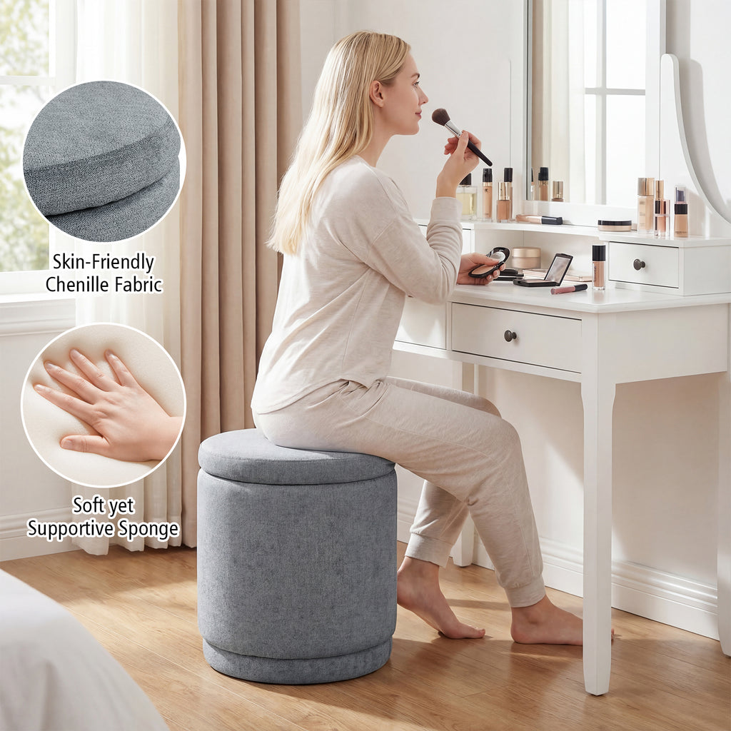 Round Storage Ottoman Foot Rest with Removable Lid and Acacia Wood Frame-Gray