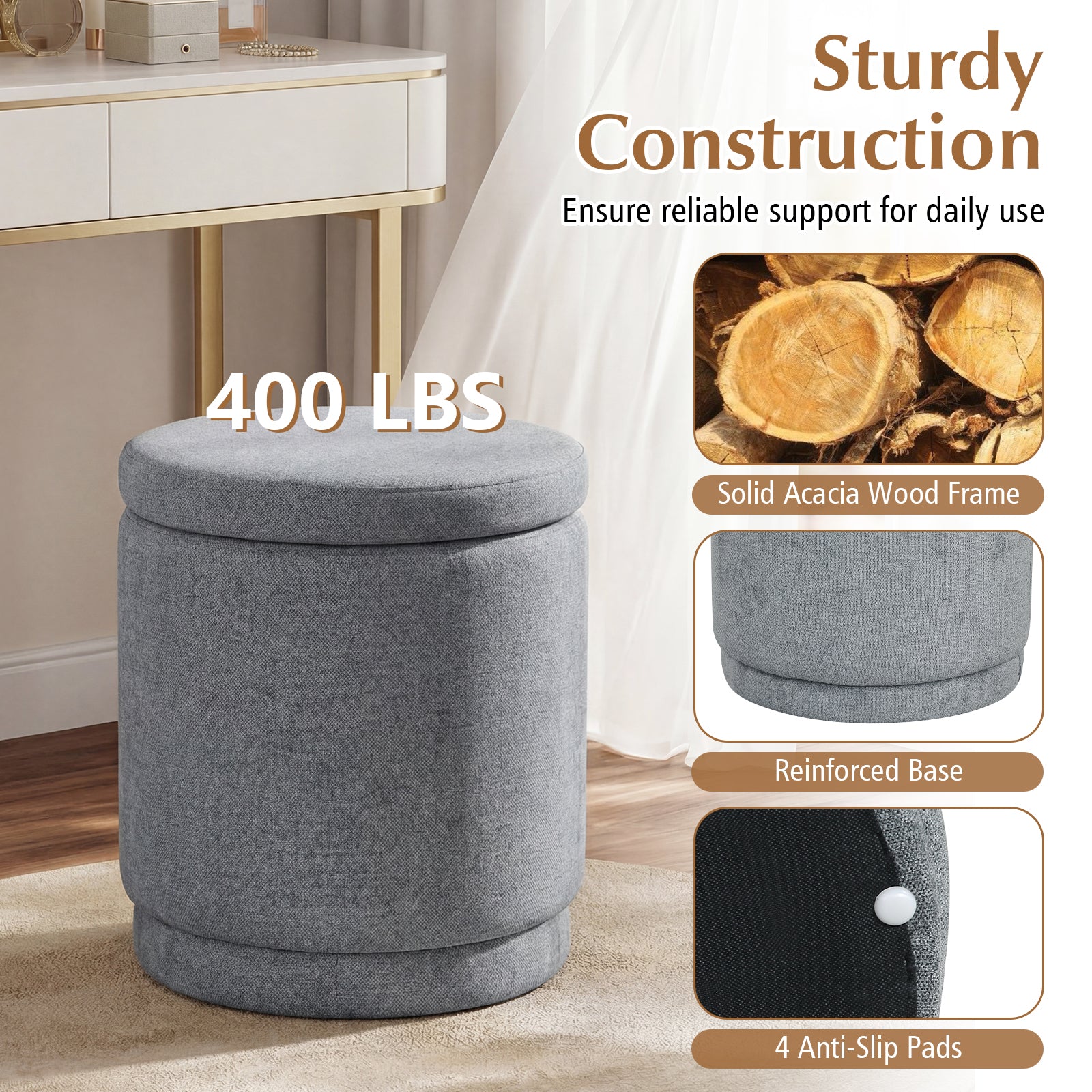 Round Storage Ottoman Foot Rest with Removable Lid and Acacia Wood Frame-Gray