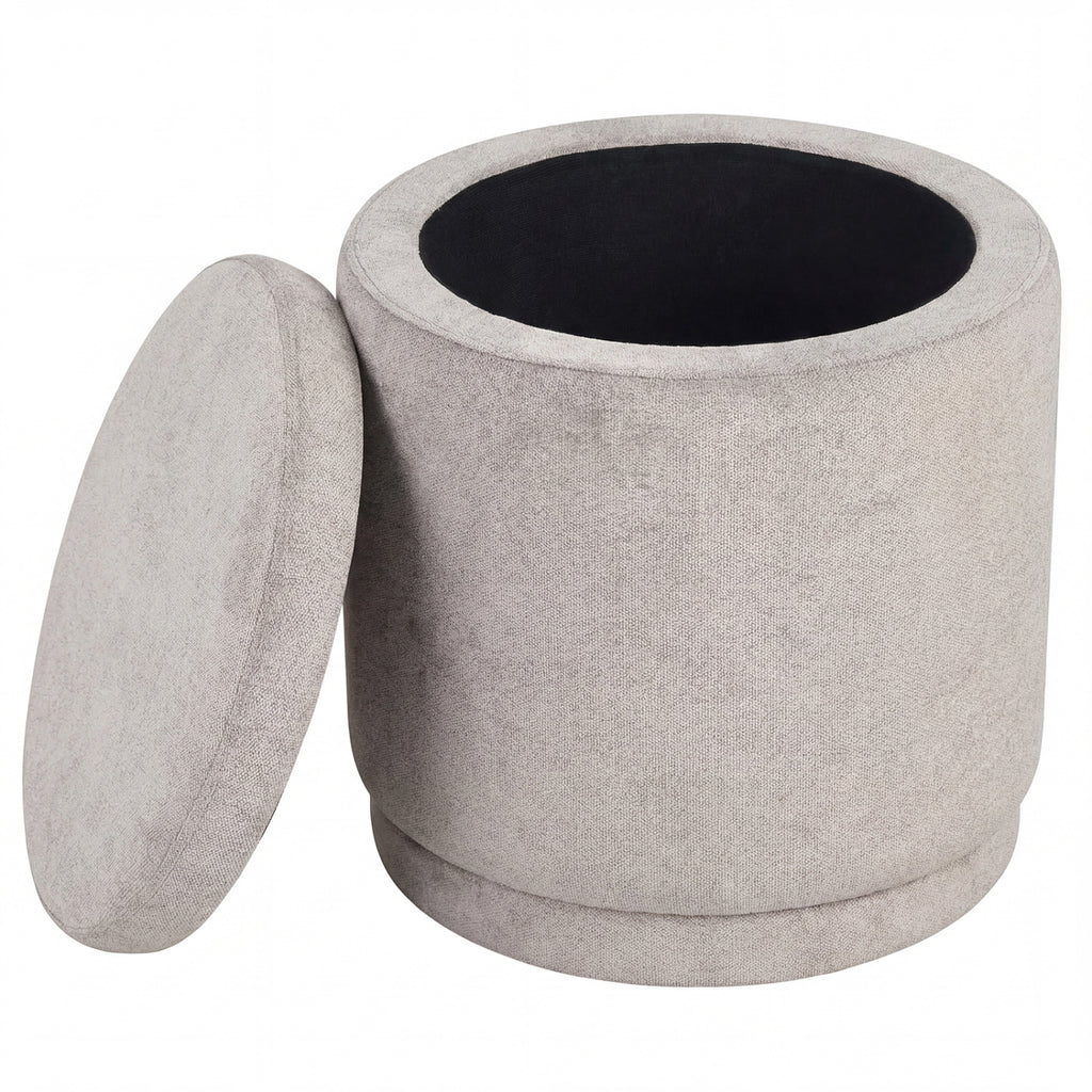 Round Storage Ottoman Foot Rest with Removable Lid and Acacia Wood Frame-Beige
