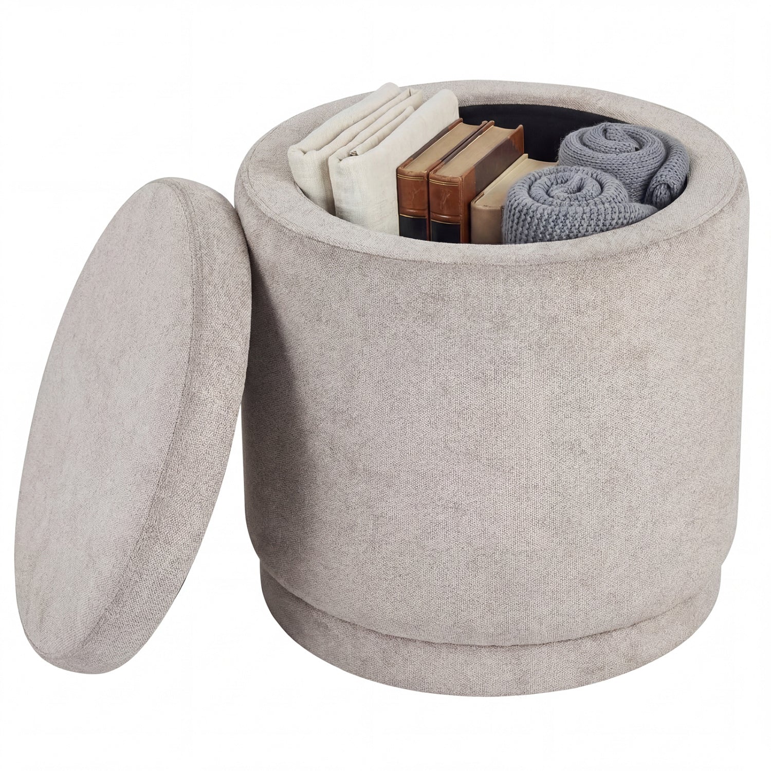 Round Storage Ottoman Foot Rest with Removable Lid and Acacia Wood Frame-Beige