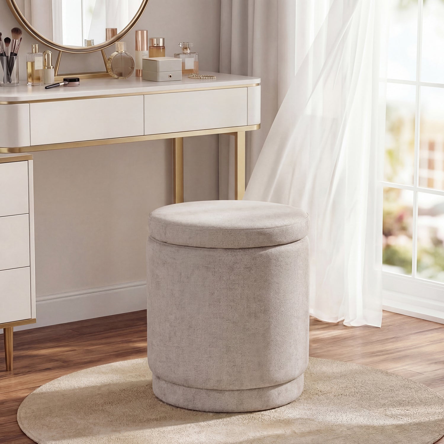 Round Storage Ottoman Foot Rest with Removable Lid and Acacia Wood Frame-Beige