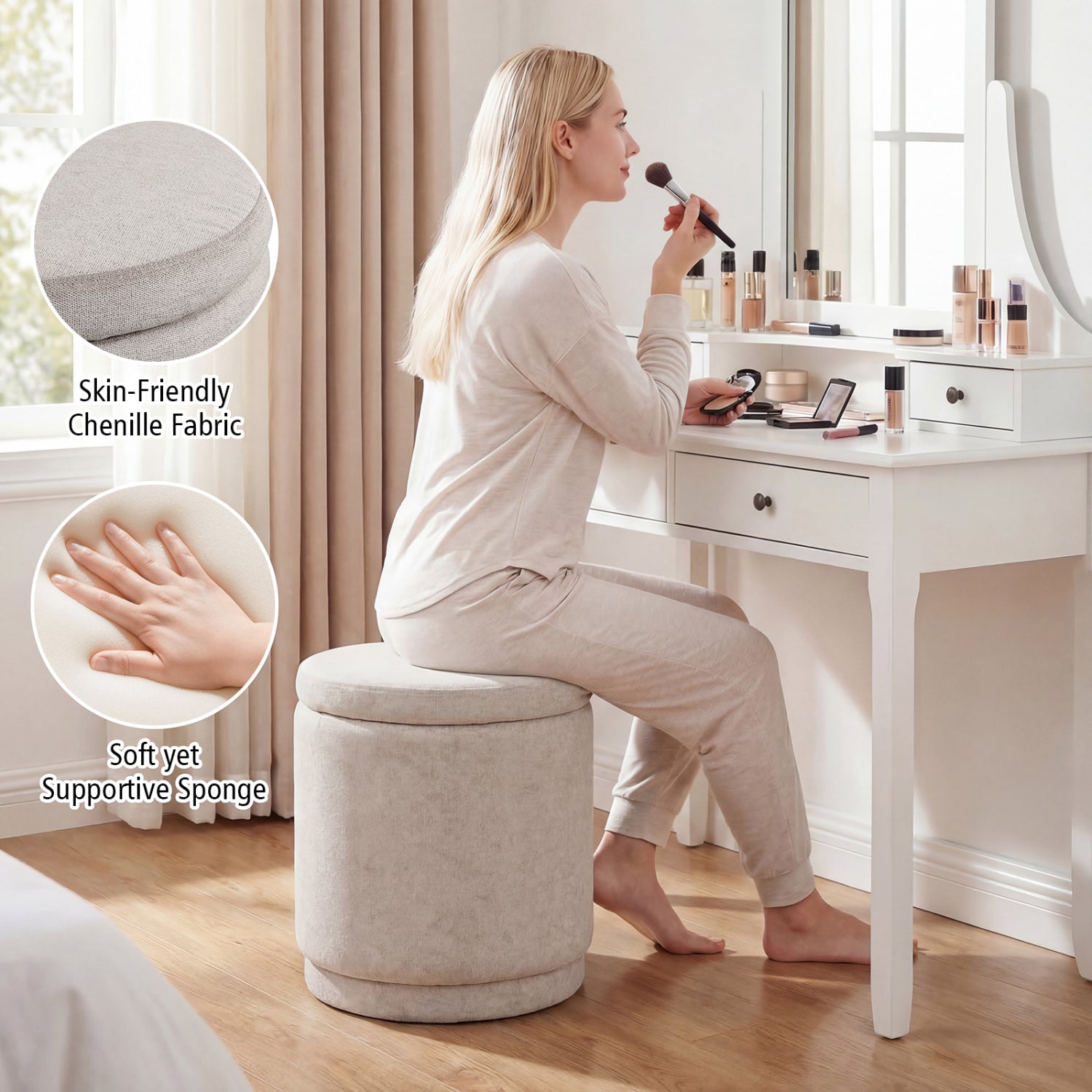 Round Storage Ottoman Foot Rest with Removable Lid and Acacia Wood Frame-Beige