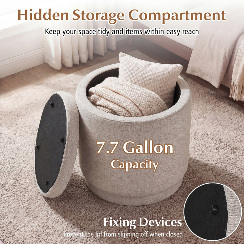 Round Storage Ottoman Foot Rest with Removable Lid and Acacia Wood Frame-Beige