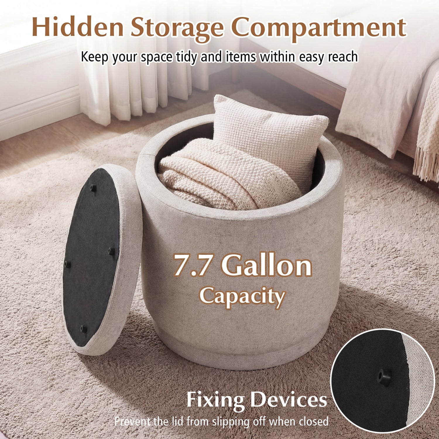 Round Storage Ottoman Foot Rest with Removable Lid and Acacia Wood Frame-Beige