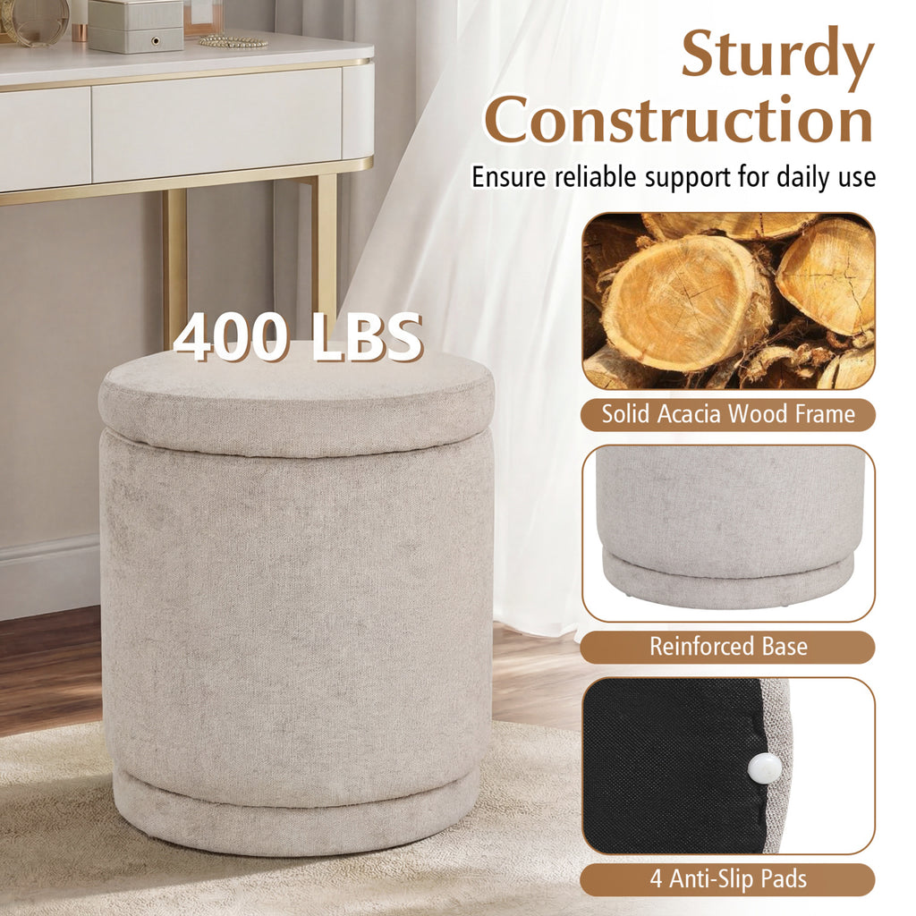 Round Storage Ottoman Foot Rest with Removable Lid and Acacia Wood Frame-Beige