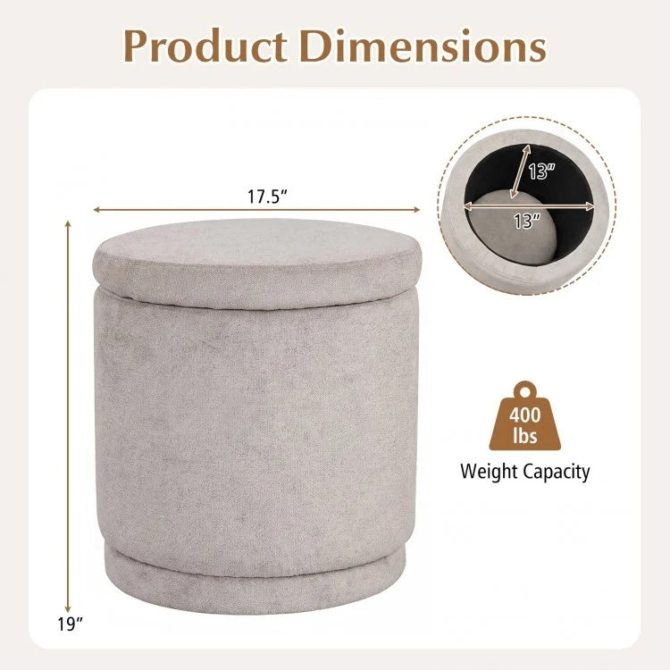 Round Storage Ottoman Foot Rest with Removable Lid and Acacia Wood Frame-Beige