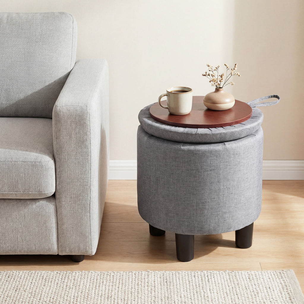 Round Storage Ottoman Linen Fabric Upholstered Footrest Stool-Gray