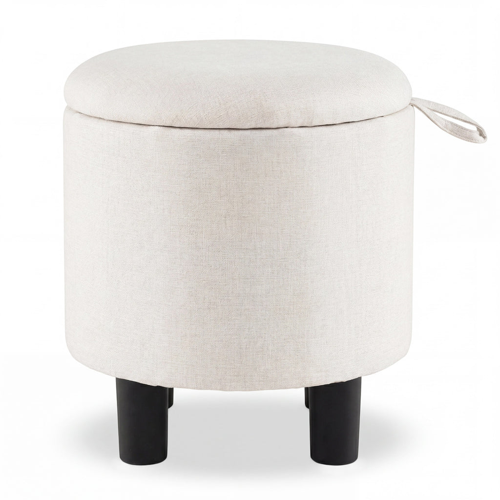 Round Storage Ottoman Linen Fabric Upholstered Footrest Stool-Beige
