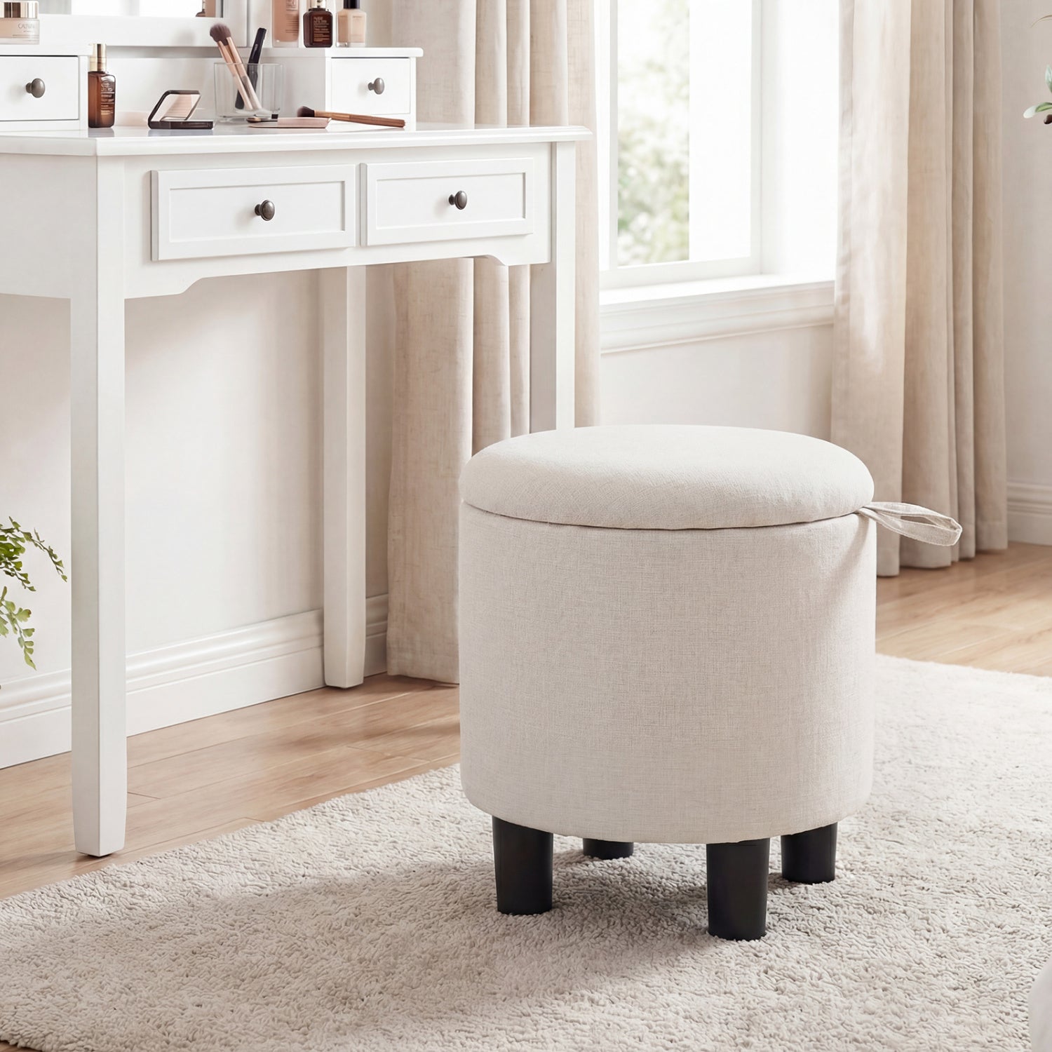 Round Storage Ottoman Linen Fabric Upholstered Footrest Stool-Beige