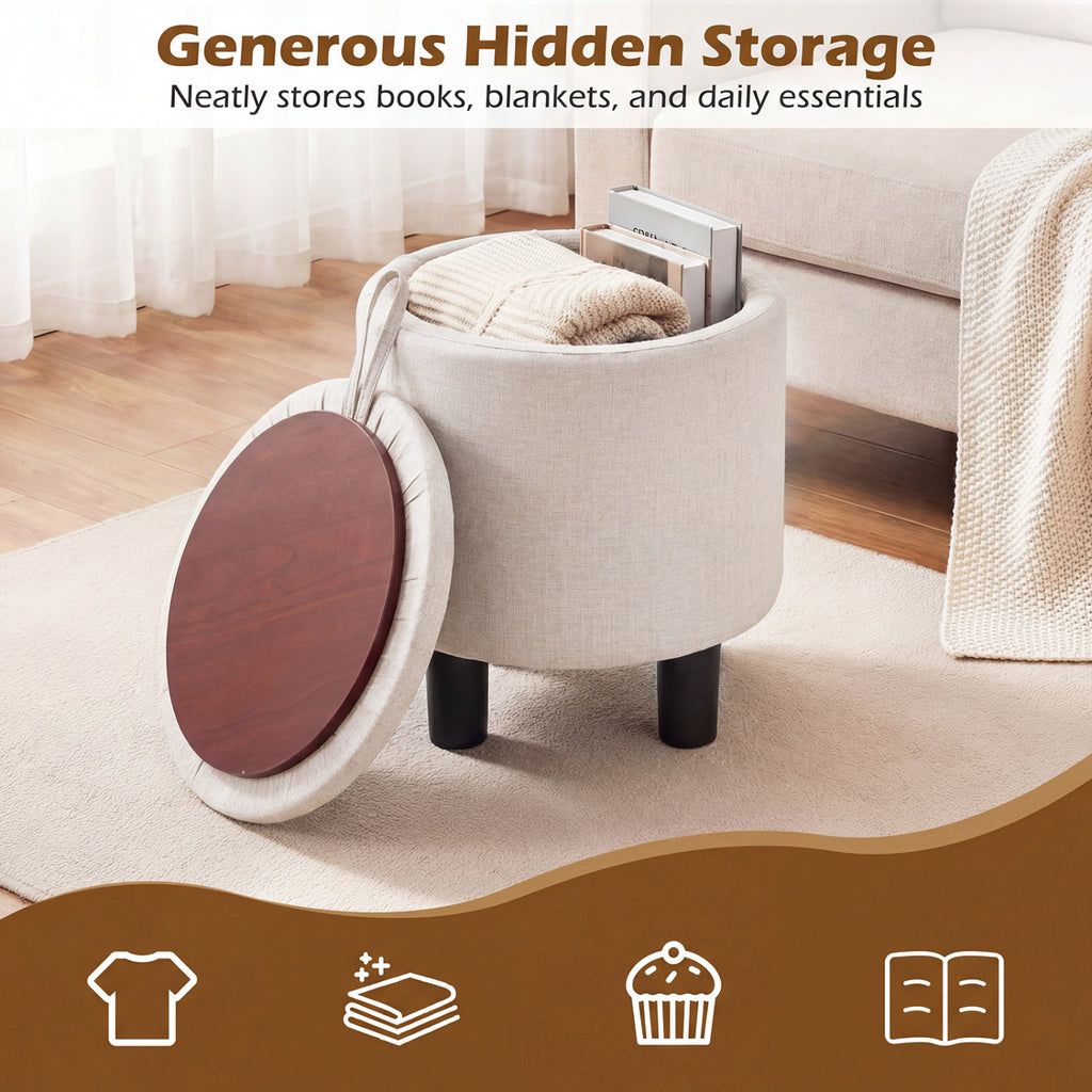 Round Storage Ottoman Linen Fabric Upholstered Footrest Stool-Beige