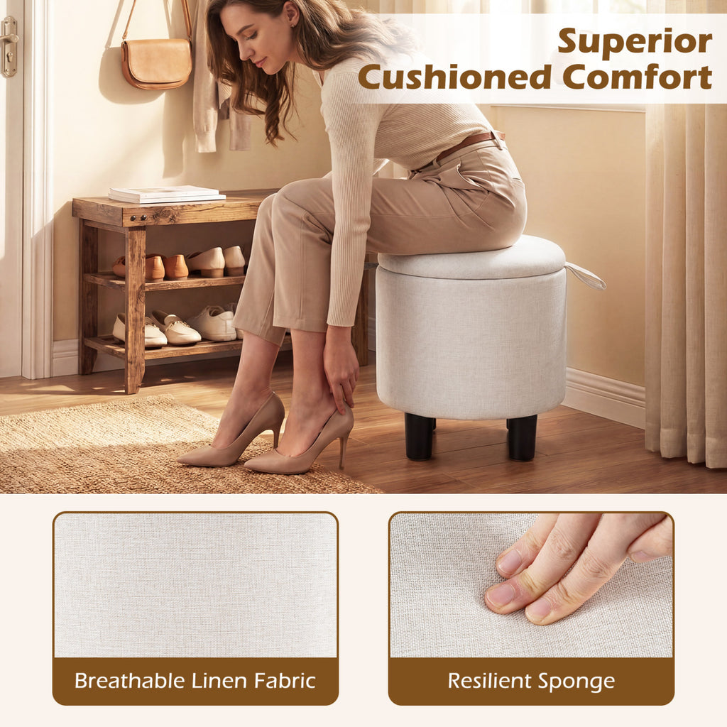 Round Storage Ottoman Linen Fabric Upholstered Footrest Stool-Beige