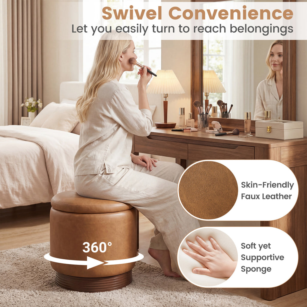 Round Storage Ottoman with Acacia Wood Frame for Living Room and Bedroom-Brown