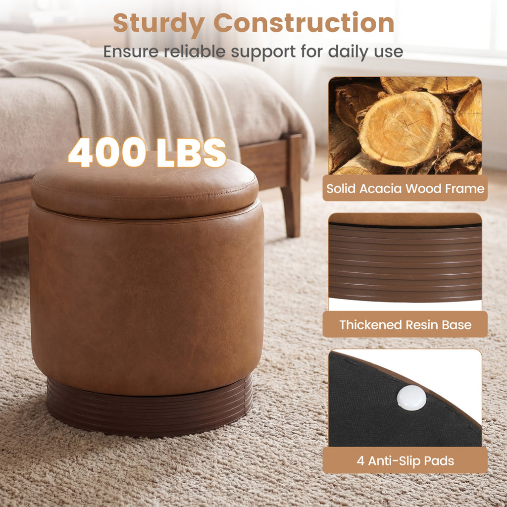 Round Storage Ottoman with Acacia Wood Frame for Living Room and Bedroom-Brown
