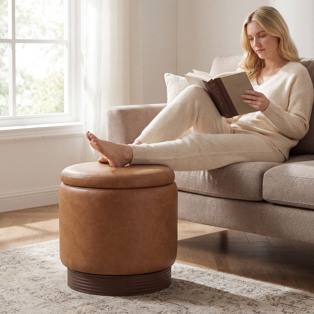 Round Storage Ottoman with Acacia Wood Frame for Living Room and Bedroom-Brown