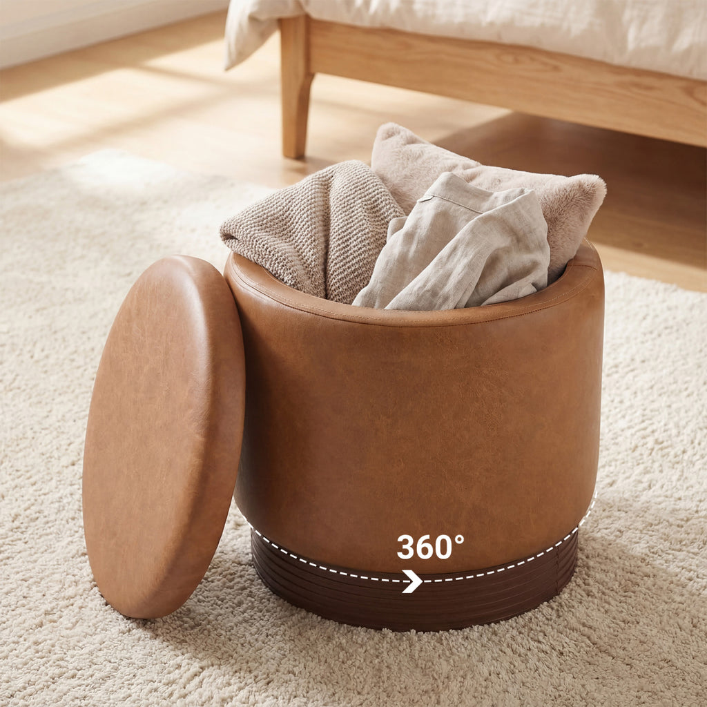 Round Storage Ottoman with Acacia Wood Frame for Living Room and Bedroom-Brown