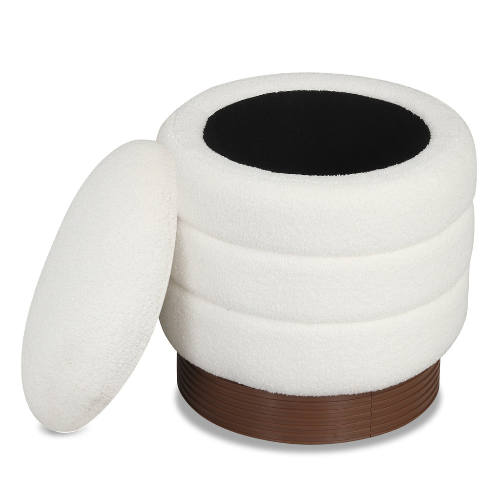 Round Storage Ottoman with Acacia Wood Frame for Living Room-White