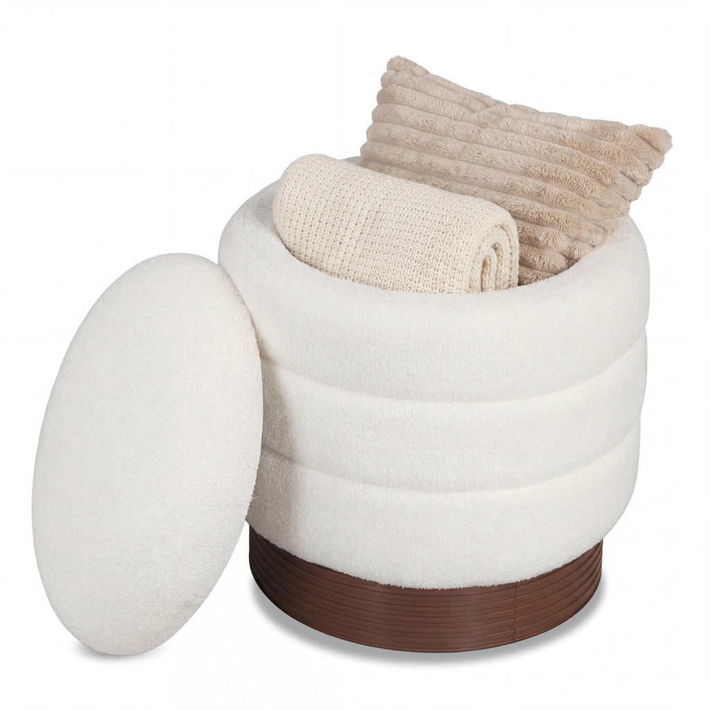 Round Storage Ottoman with Acacia Wood Frame for Living Room-White