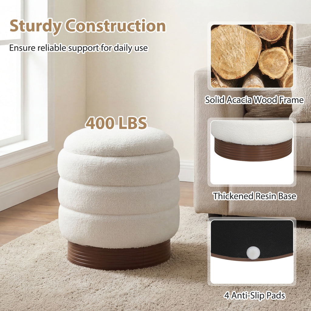 Round Storage Ottoman with Acacia Wood Frame for Living Room-White