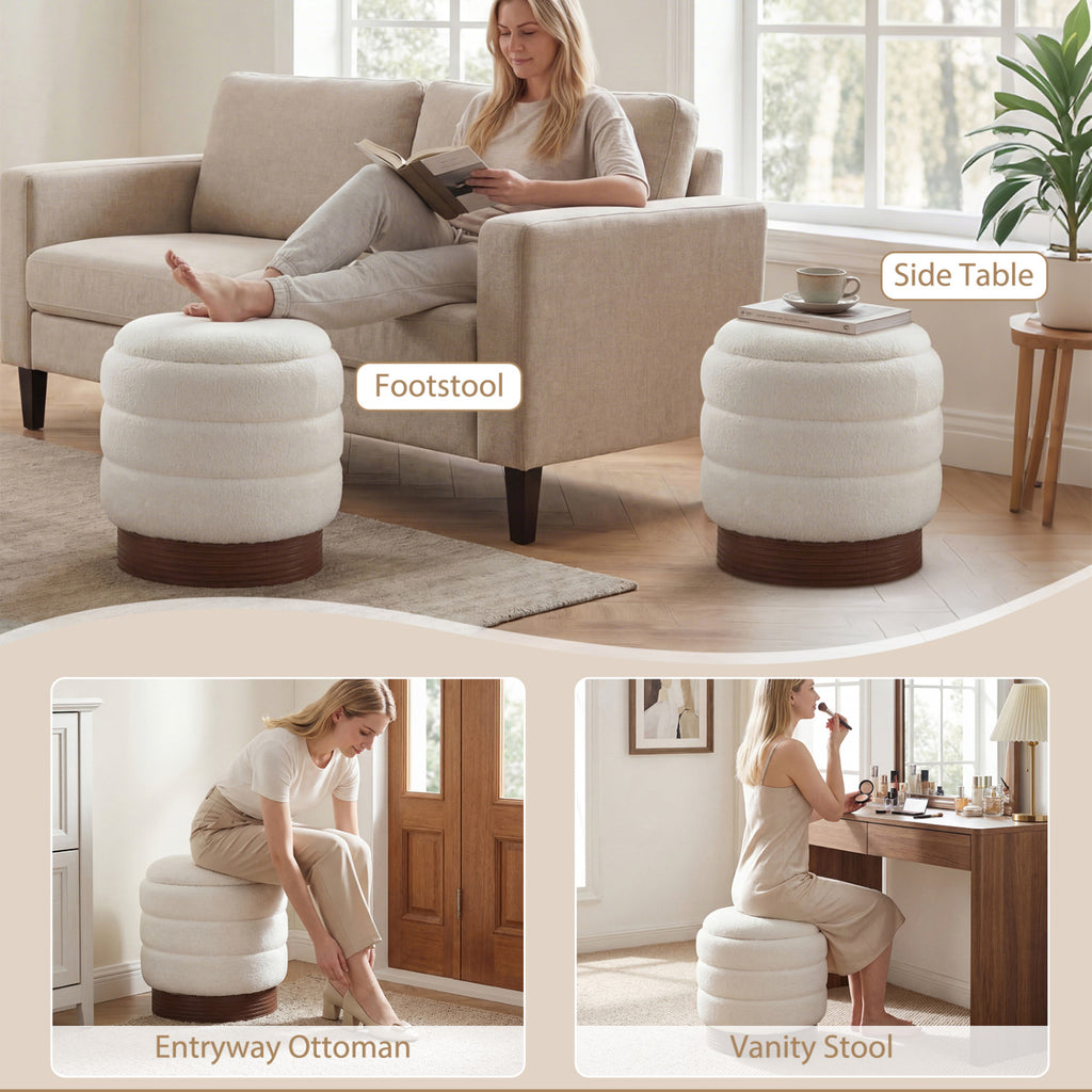 Round Storage Ottoman with Acacia Wood Frame for Living Room-White